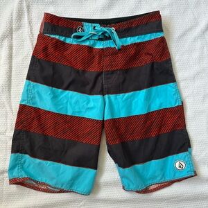Volcom Boys Board Shorts Size 14 Surf Swim Trunks Black Red Turquoise